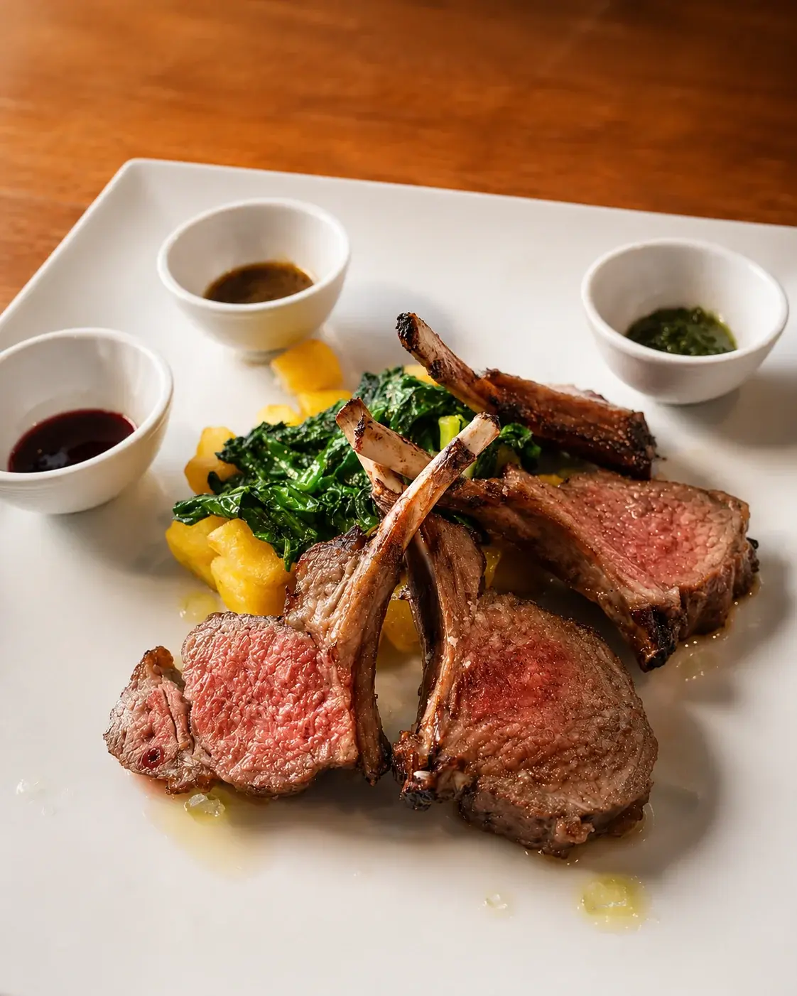 Rack of lamb cut into pink cutlets on a white plate with spinach, potatoes and three small bowls of sauce.